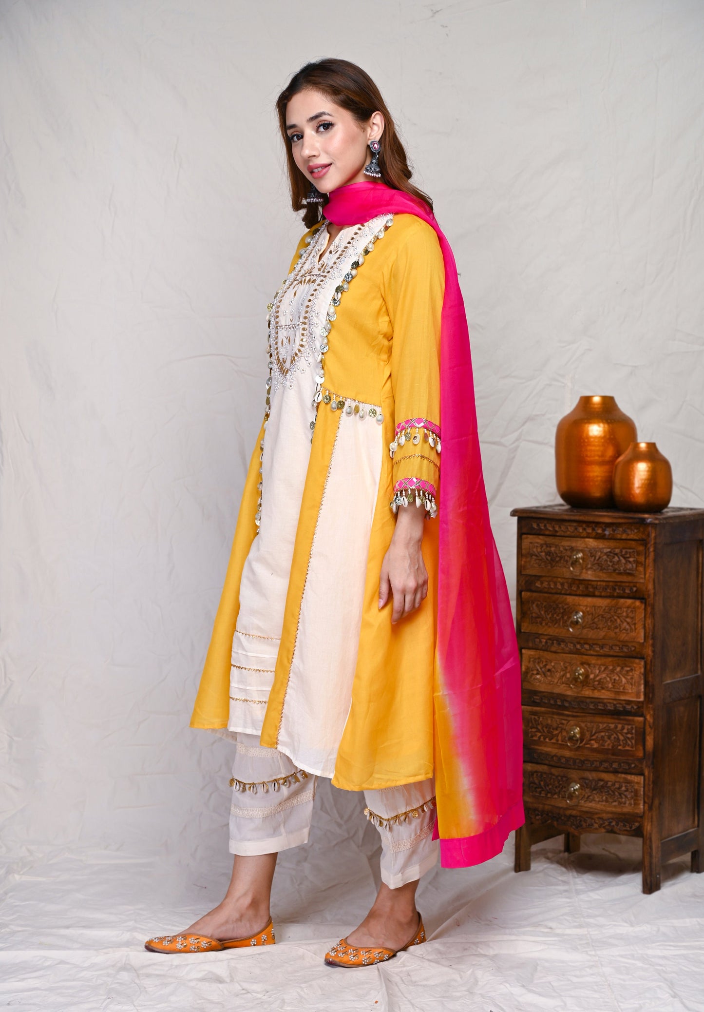 Mustard Pearls And Gotta Patti Pattern Kurta Set With Dupatta