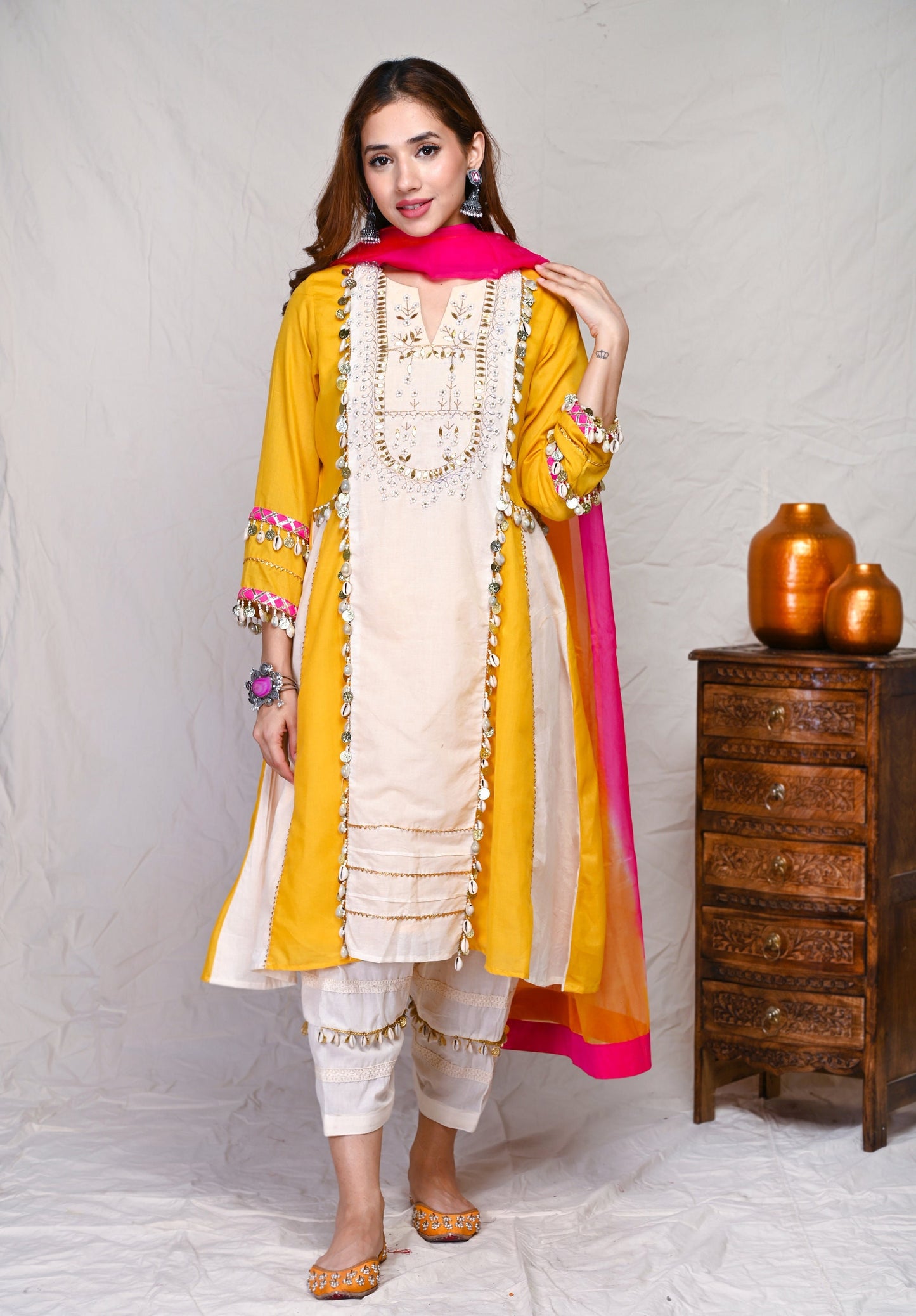 Mustard Pearls And Gotta Patti Pattern Kurta Set With Dupatta