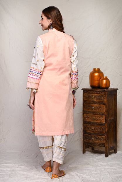 Pink Mirror Work Pattern Kurta Set (Set Of 2)