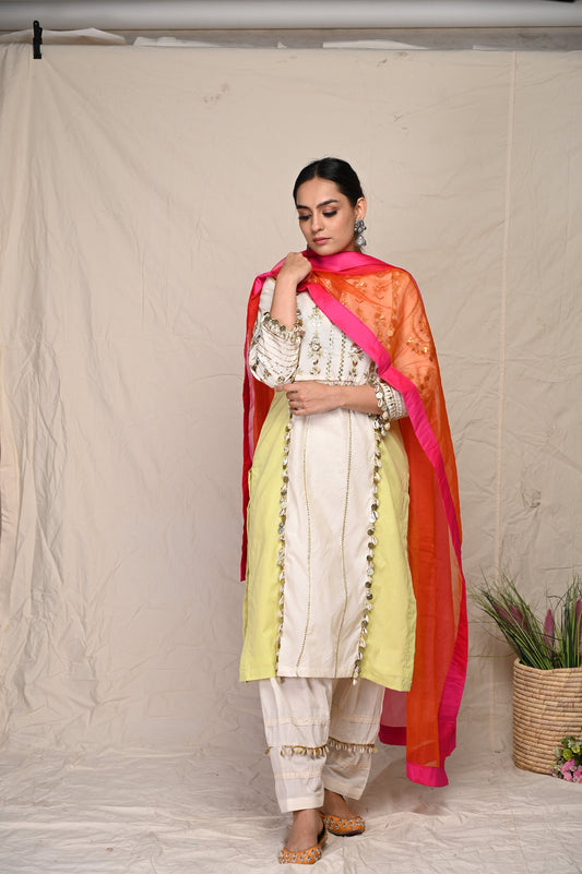 Indian Wear Multi Colored Cotton Suit With Orange Dupatta